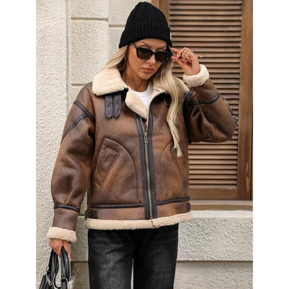 Women brown LY VAREY LIN Faux Leather Sherpa Aviator Bomber Jacket - Picture 6 of 7